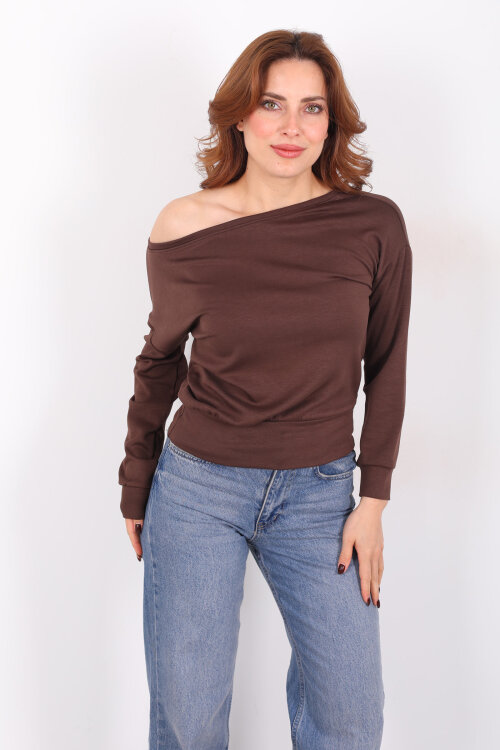 Kayık Yaka Kahverengi Kadın Bluz - 3