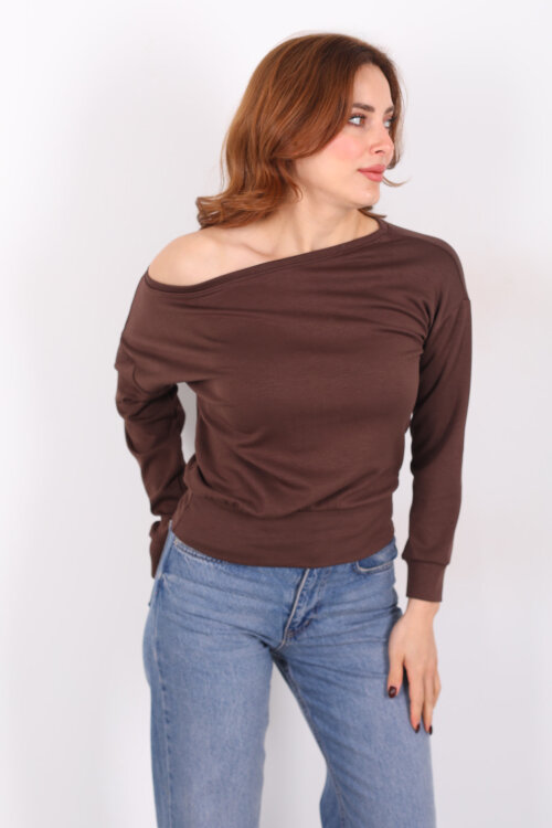 Kayık Yaka Kahverengi Kadın Bluz 