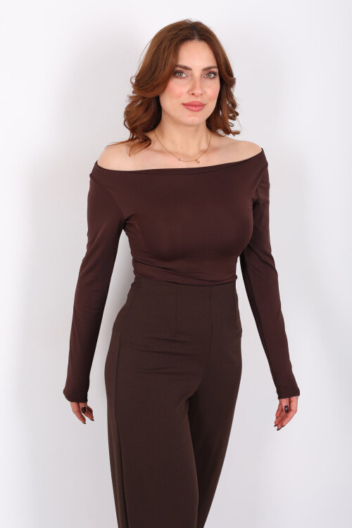 Kayık Yaka Kahverengi Kadın Sandy Bluz - 5