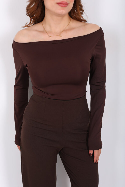 Kayık Yaka Kahverengi Kadın Sandy Bluz - 2