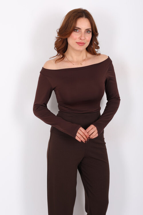 Kayık Yaka Kahverengi Kadın Sandy Bluz - 3