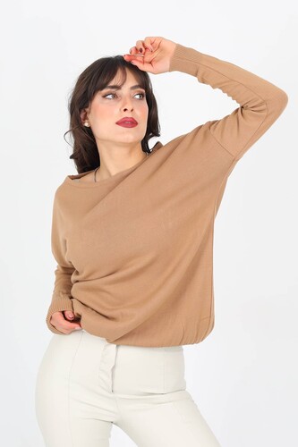 Kayık Yaka Kahverengi Kadın Triko Kazak - 3