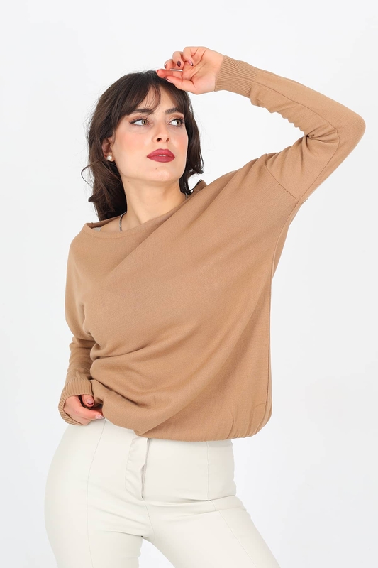 Kayık Yaka Kahverengi Kadın Triko Kazak - 3