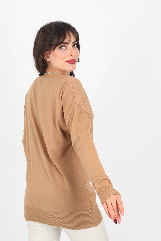 Kayık Yaka Kahverengi Kadın Triko Kazak - 4