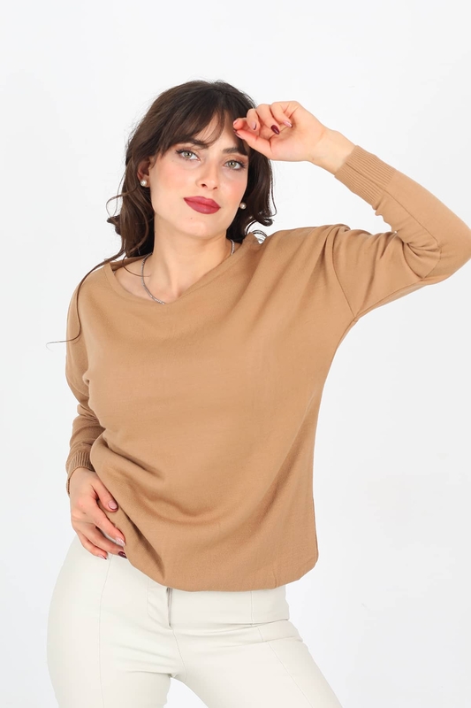 Kayık Yaka Kahverengi Kadın Triko Kazak - 1