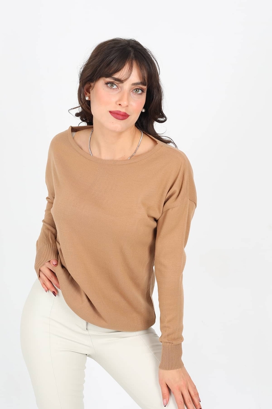 Kayık Yaka Kahverengi Kadın Triko Kazak - 2