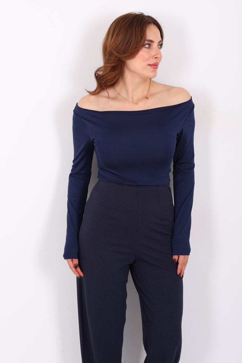 Kayık Yaka Lacivert Kadın Sandy Bluz - 5