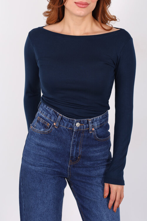 Kayık Yaka Lacivert Kadın Basic Bluz - Berox (1)
