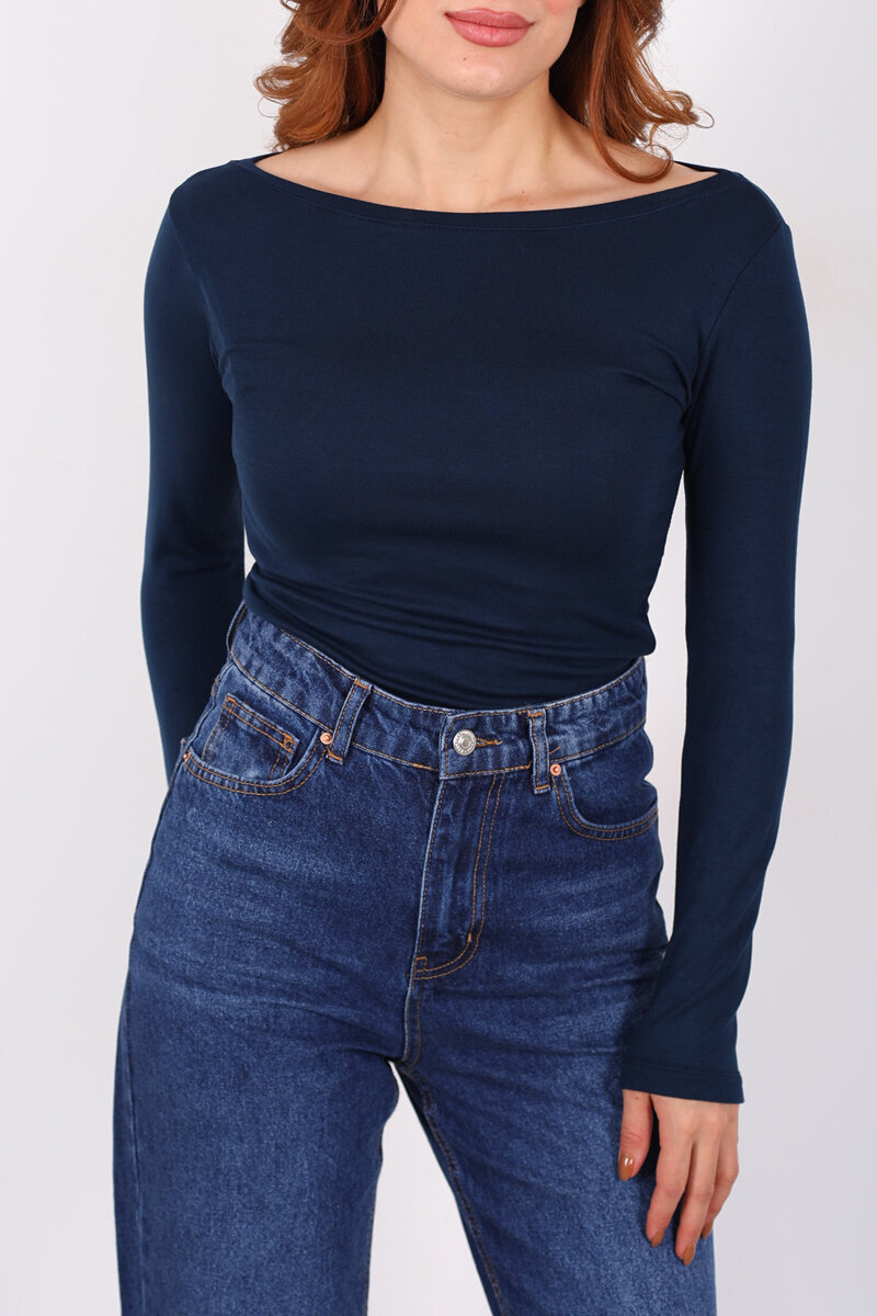 Kayık Yaka Lacivert Kadın Basic Bluz - 2