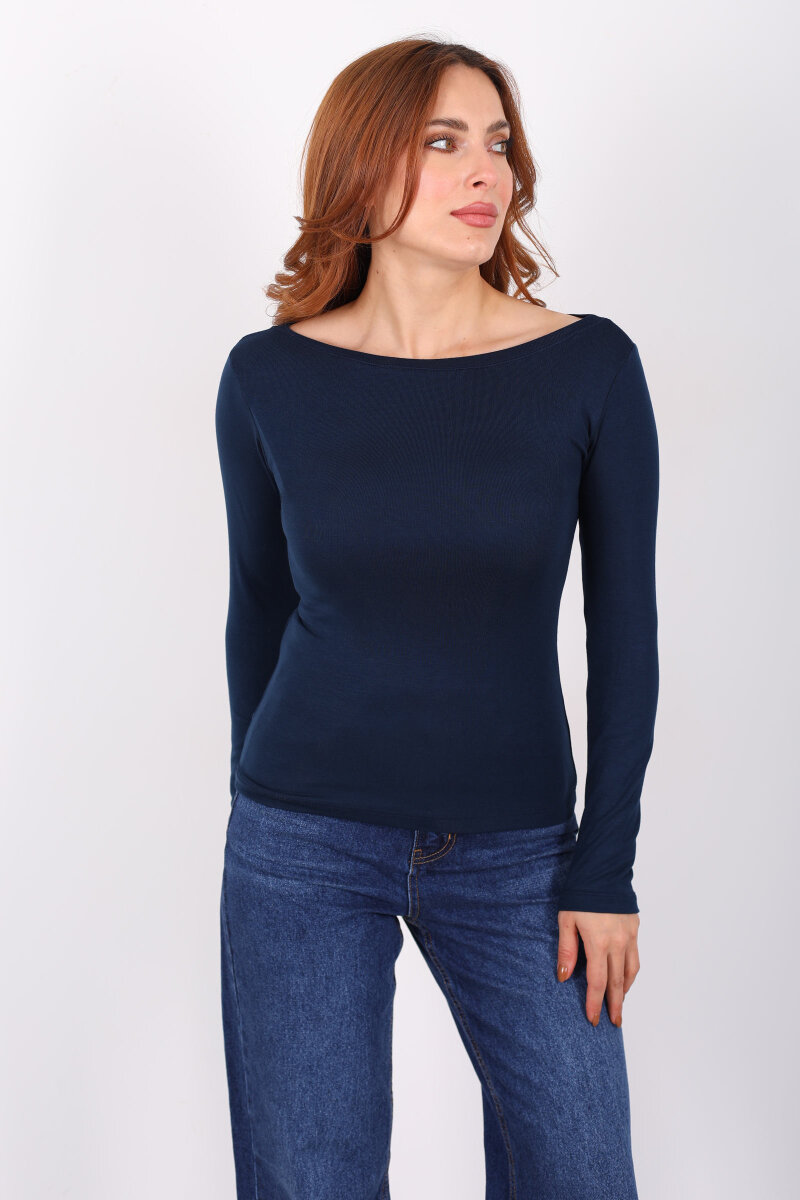 Kayık Yaka Lacivert Kadın Basic Bluz - 5