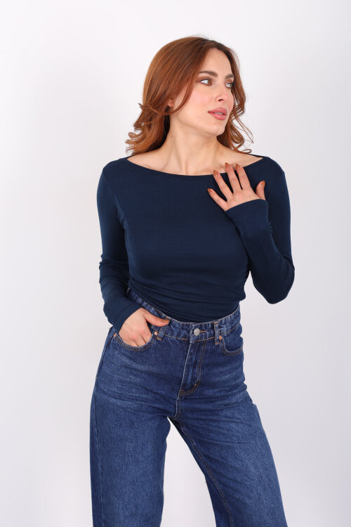 Kayık Yaka Lacivert Kadın Basic Bluz - Berox