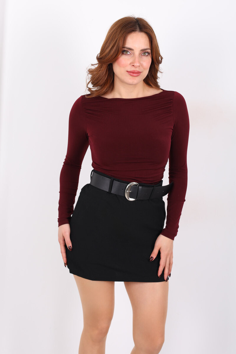 Kayık Yaka Omuz Ve Bel Büzgülü Bordo Kadın Sandy Bluz - 5