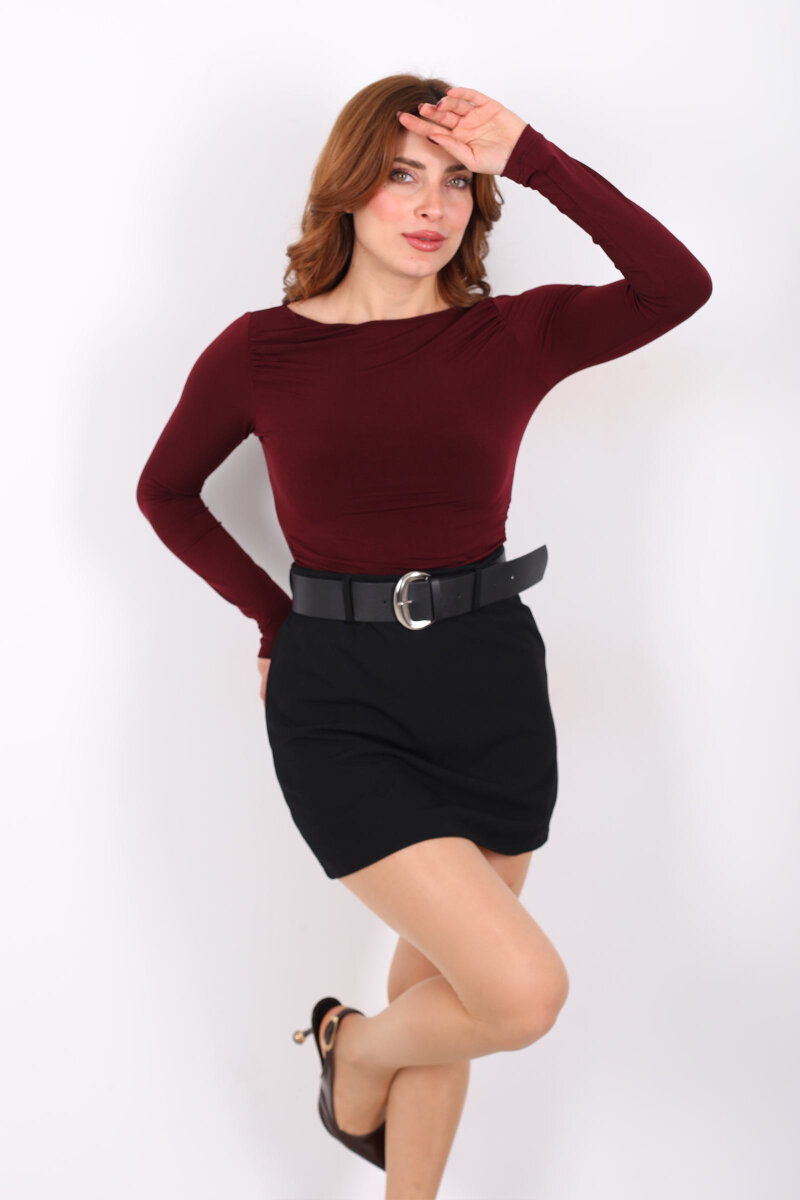 Kayık Yaka Omuz Ve Bel Büzgülü Bordo Kadın Sandy Bluz - 3