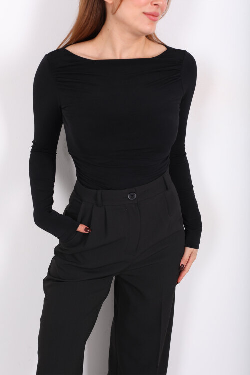 Kayık Yaka Omuz Ve Bel Büzgülü Siyah Kadın Sandy Bluz - 2