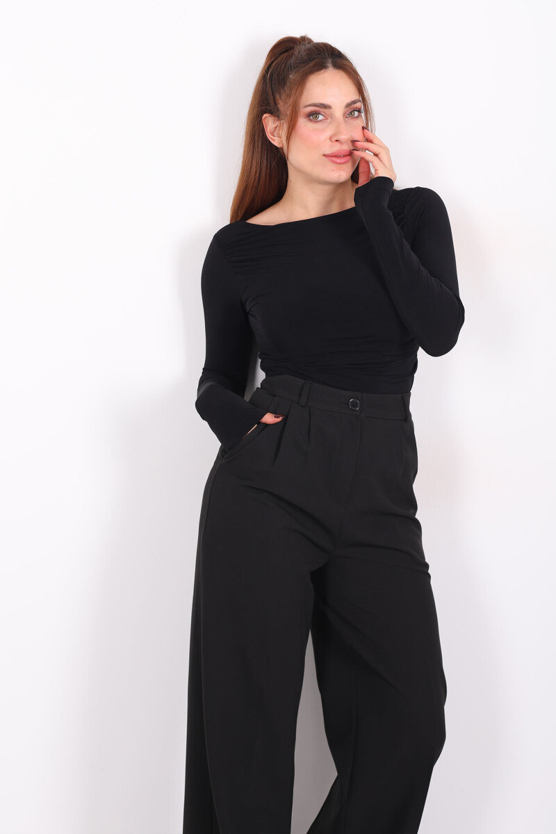 Kayık Yaka Omuz Ve Bel Büzgülü Siyah Kadın Sandy Bluz - 1