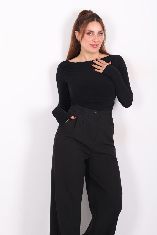 Kayık Yaka Omuz Ve Bel Büzgülü Siyah Kadın Sandy Bluz - 6