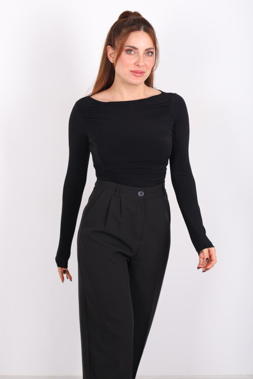 Kayık Yaka Omuz Ve Bel Büzgülü Siyah Kadın Sandy Bluz - 4