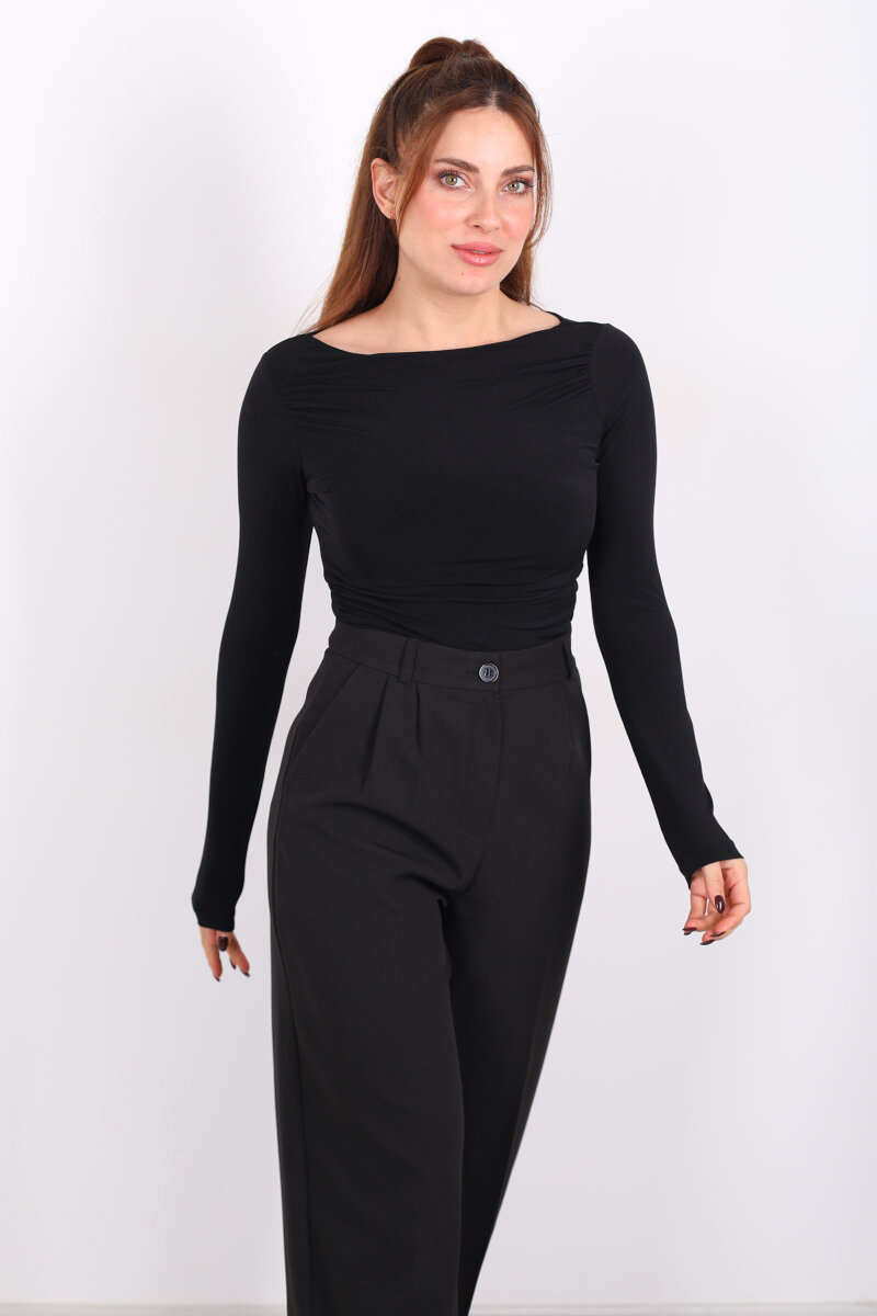 Kayık Yaka Omuz Ve Bel Büzgülü Siyah Kadın Sandy Bluz - 4