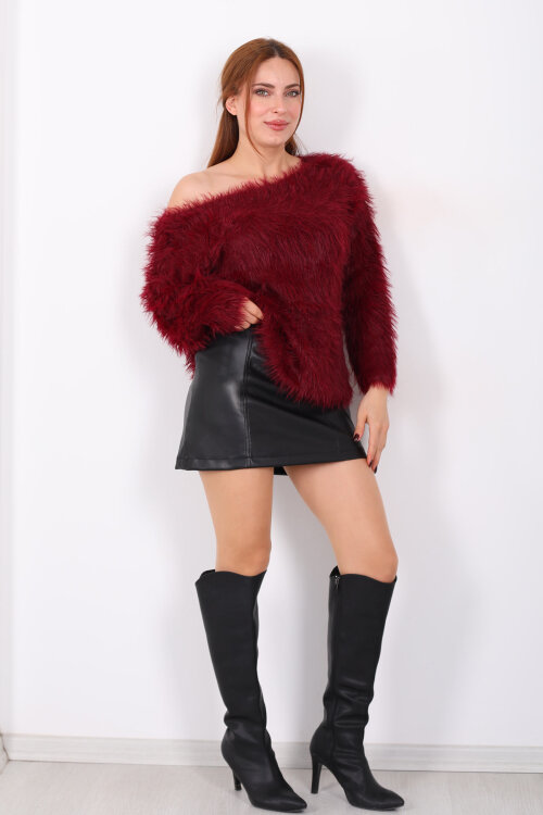 Kayık Yaka Sakallı Yumuşak Bordo Kadın Triko Kazak - Berox