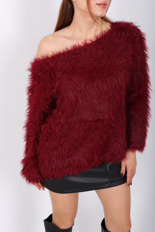 Kayık Yaka Sakallı Yumuşak Bordo Kadın Triko Kazak - Berox (1)