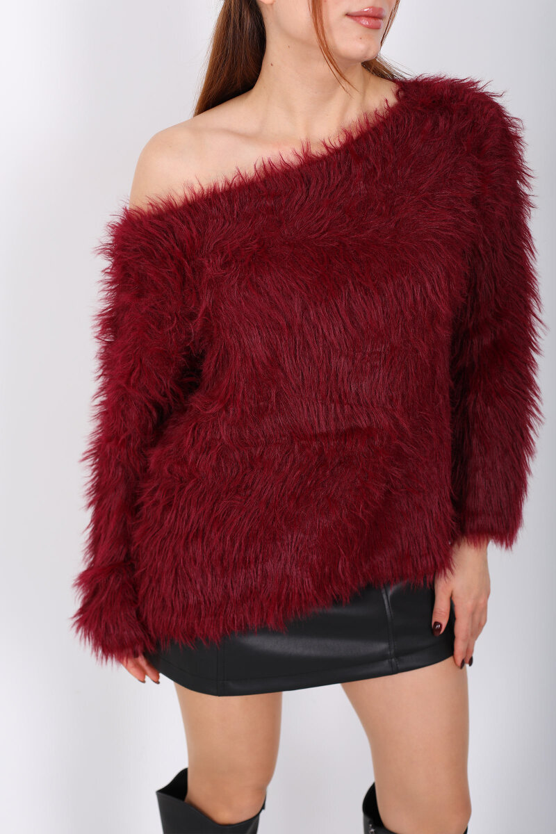 Kayık Yaka Sakallı Yumuşak Bordo Kadın Triko Kazak - 2