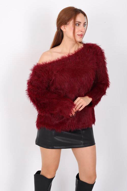 Kayık Yaka Sakallı Yumuşak Bordo Kadın Triko Kazak - 5