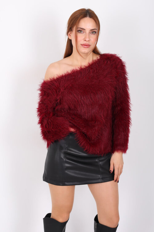 Kayık Yaka Sakallı Yumuşak Bordo Kadın Triko Kazak - 7