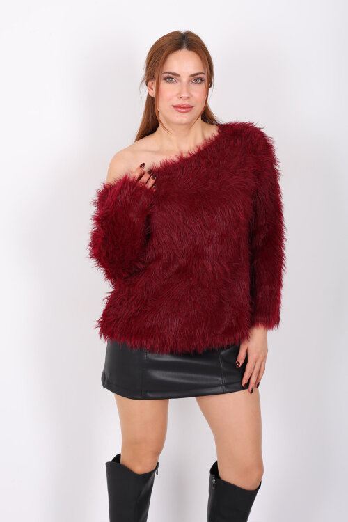 Kayık Yaka Sakallı Yumuşak Bordo Kadın Triko Kazak - 3