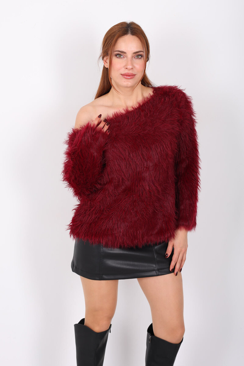 Kayık Yaka Sakallı Yumuşak Bordo Kadın Triko Kazak - 3