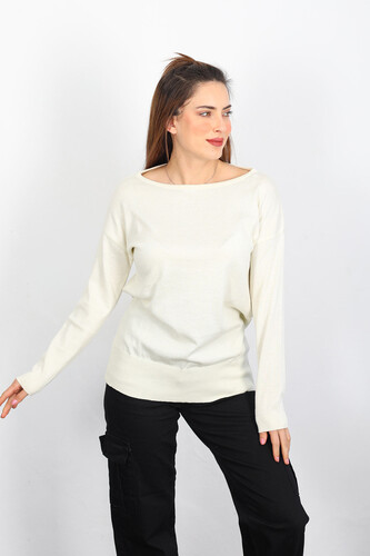 Kayık Yaka Salaş Taş Rengi Kadın Triko Kazak - Berox