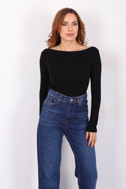 Kayık Yaka Siyah Kadın Basic Bluz - 5