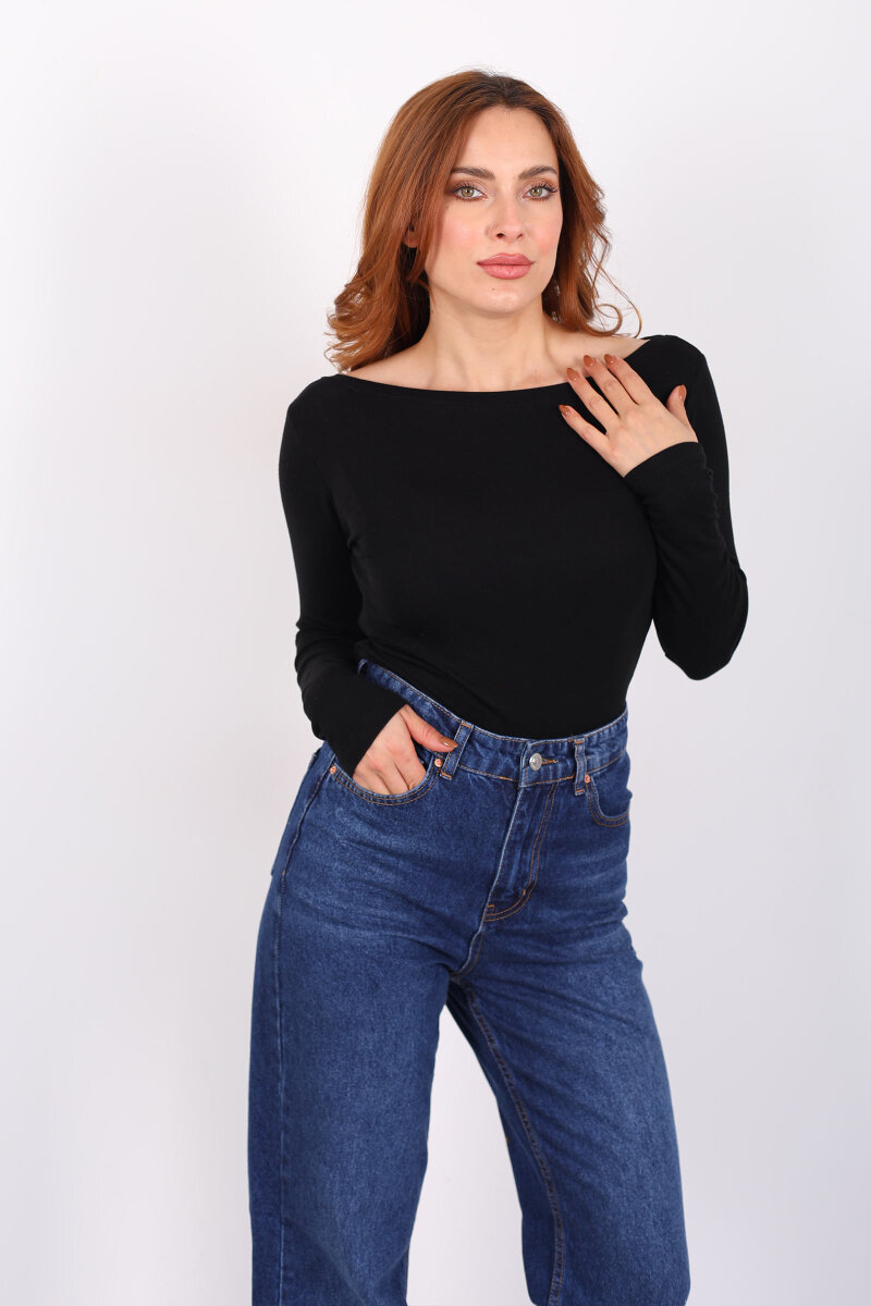 Kayık Yaka Siyah Kadın Basic Bluz - 3