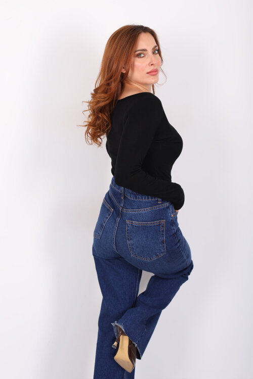 Kayık Yaka Siyah Kadın Basic Bluz - 4