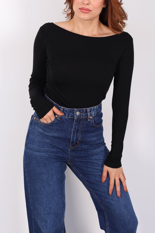 Kayık Yaka Siyah Kadın Basic Bluz - Berox (1)