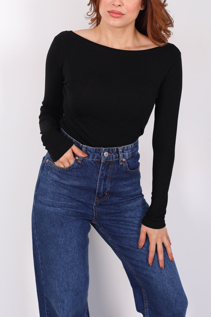 Kayık Yaka Siyah Kadın Basic Bluz - 2