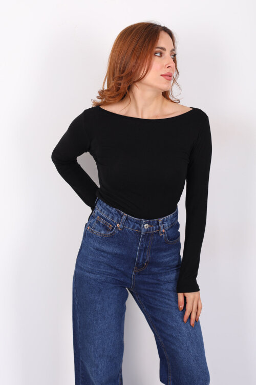 Kayık Yaka Siyah Kadın Basic Bluz - Berox