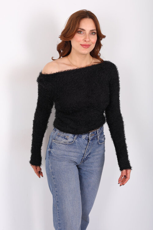 Kayık Yaka Siyah Kadın Sakallı Kazak - 5