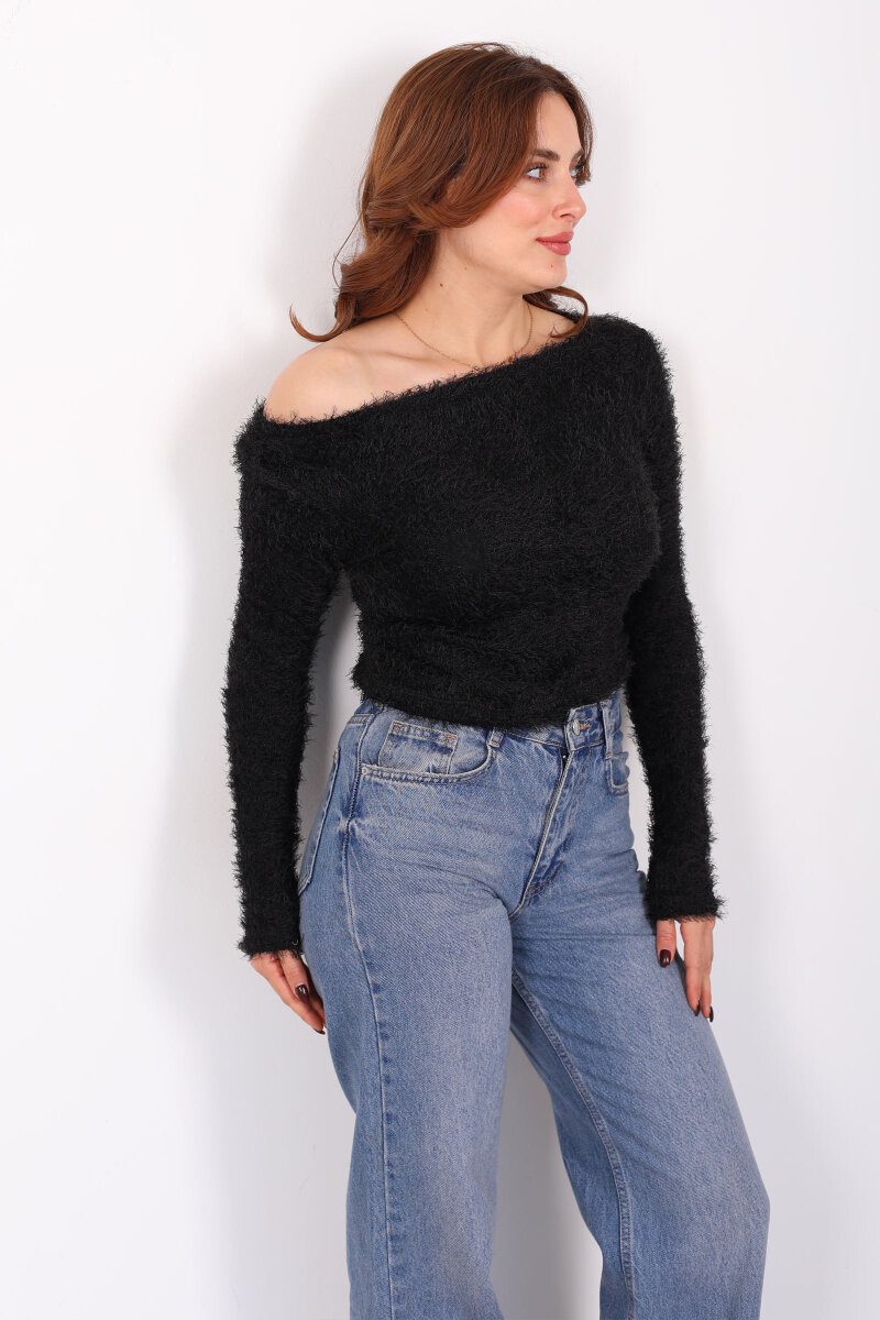 Kayık Yaka Siyah Kadın Sakallı Kazak - 3