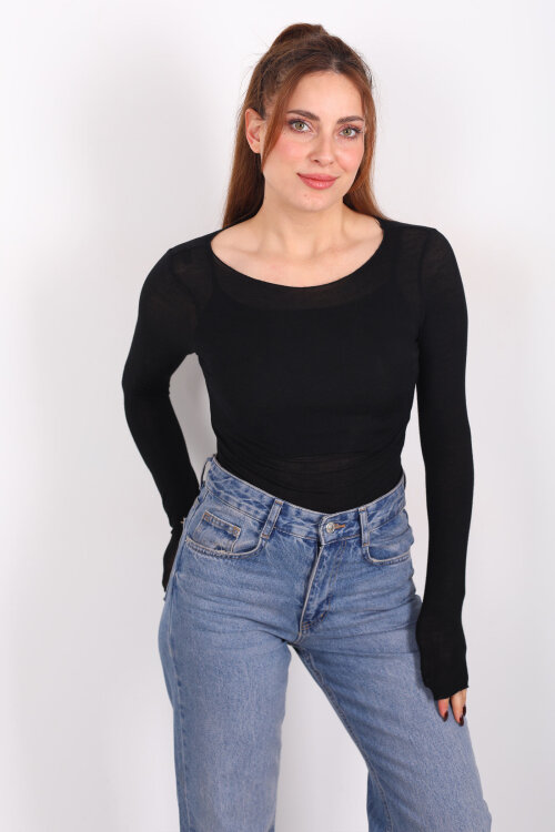 Kayık Yaka Siyah Kadın Transparan Body - 6