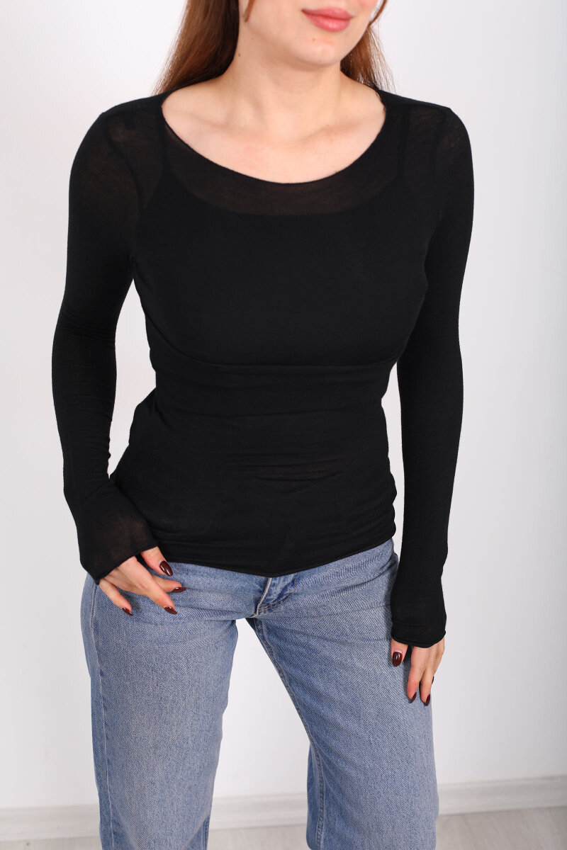 Kayık Yaka Siyah Kadın Transparan Body - 2