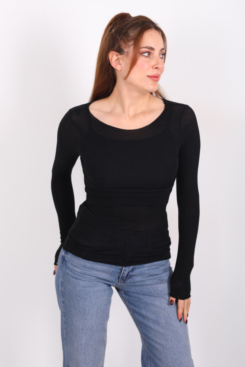 Kayık Yaka Siyah Kadın Transparan Body - 4