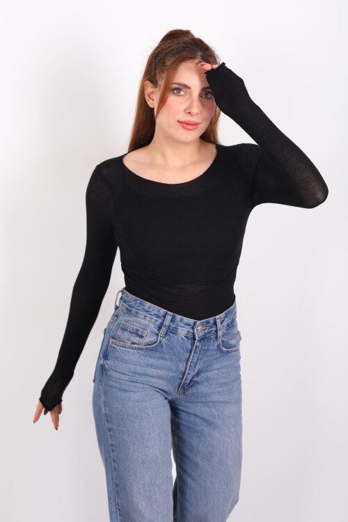 Kayık Yaka Siyah Kadın Transparan Body - 3