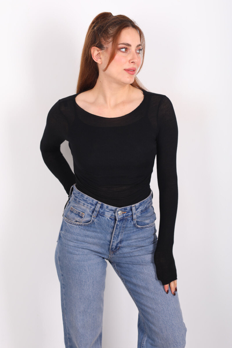 Kayık Yaka Siyah Kadın Transparan Body - 1