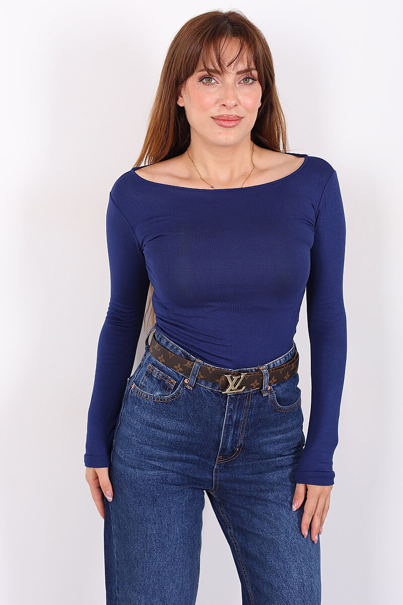 Kayık Yaka Uzun Kol Kadın Mavi Body - 4