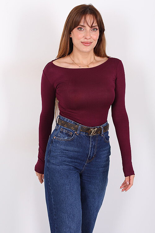 Kayık Yaka Uzun Kol Kadın Mürdüm Body - 5