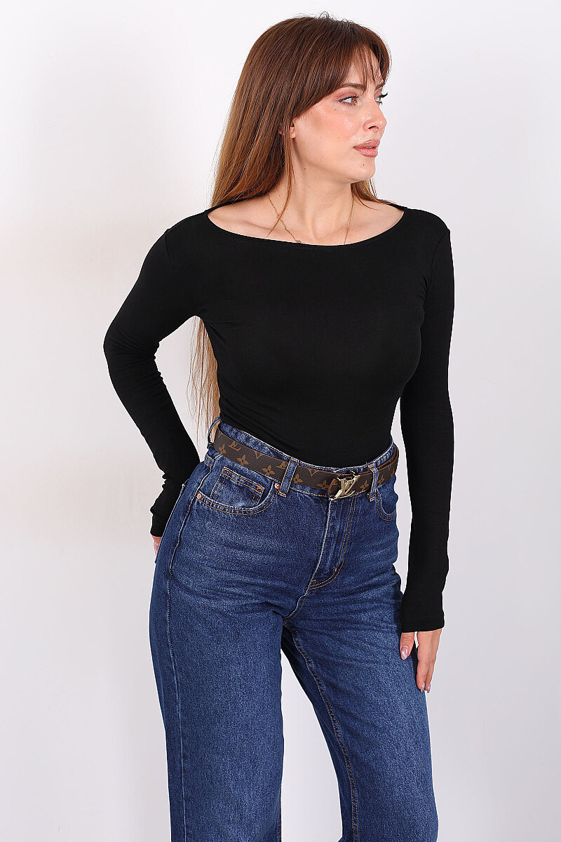 Kayık Yaka Uzun Kol Kadın Siyah Body - 1