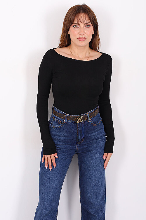 Kayık Yaka Uzun Kol Kadın Siyah Body - 6