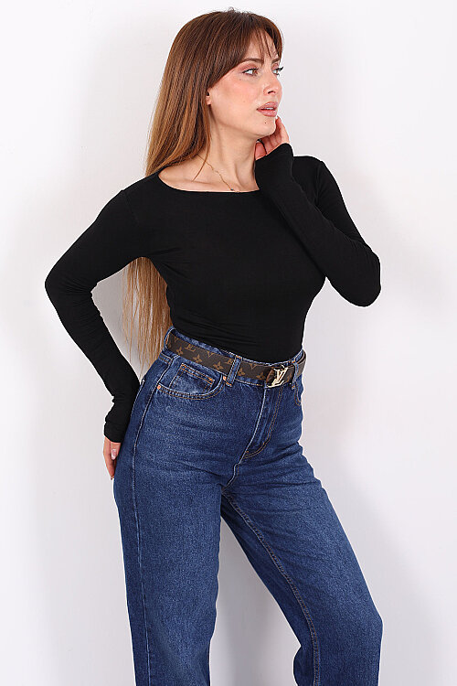 Kayık Yaka Uzun Kol Kadın Siyah Body - 3