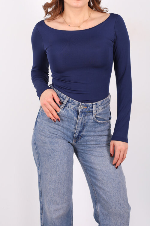 Kayık Yaka Uzun Kol Lacivert Kadın Çıtçıtlı Body - Berox (1)