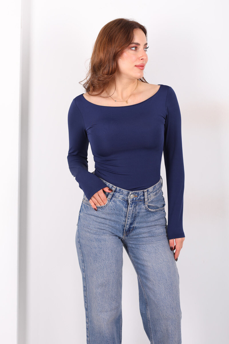 Kayık Yaka Uzun Kol Lacivert Kadın Çıtçıtlı Body - 1